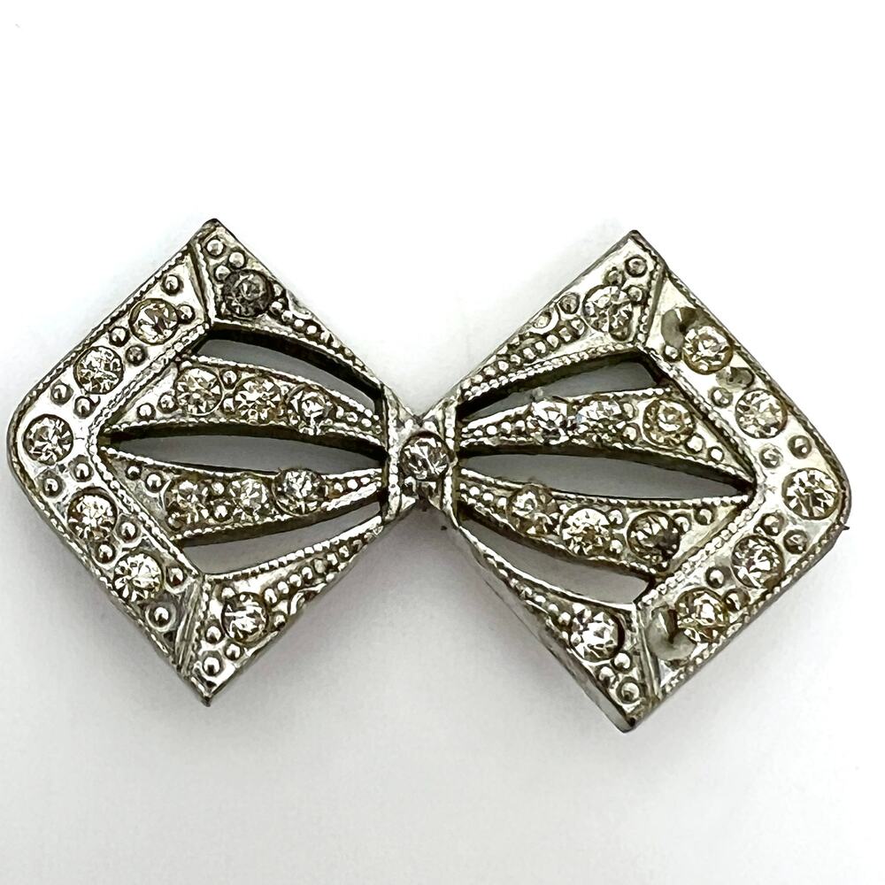 Vintage MCM Bow Tie Shaped Rhinestone Style Pin Brooch Unsigned 2"